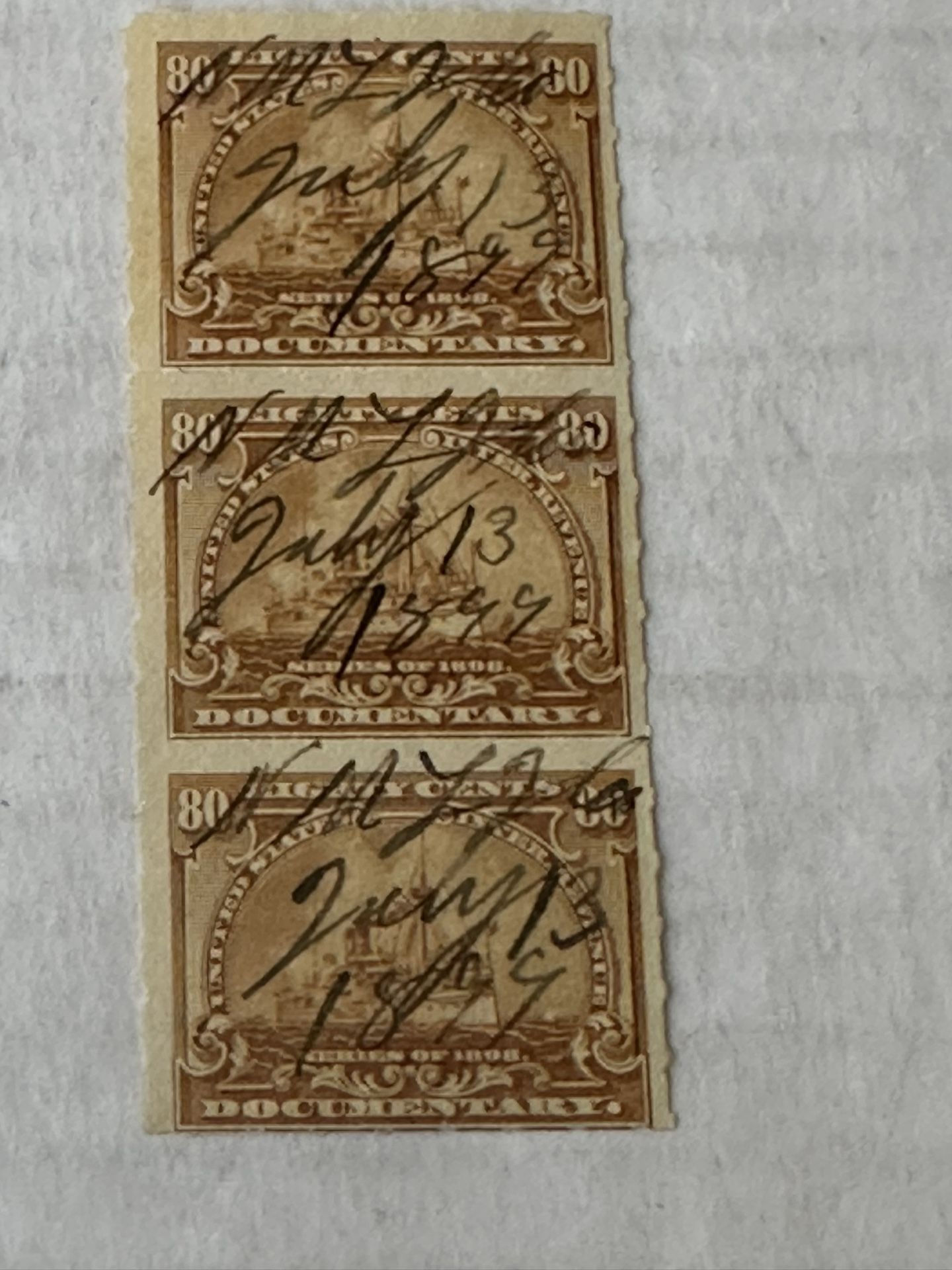 United States Battle Ship Strip Of 3 With Hand Cancellations
