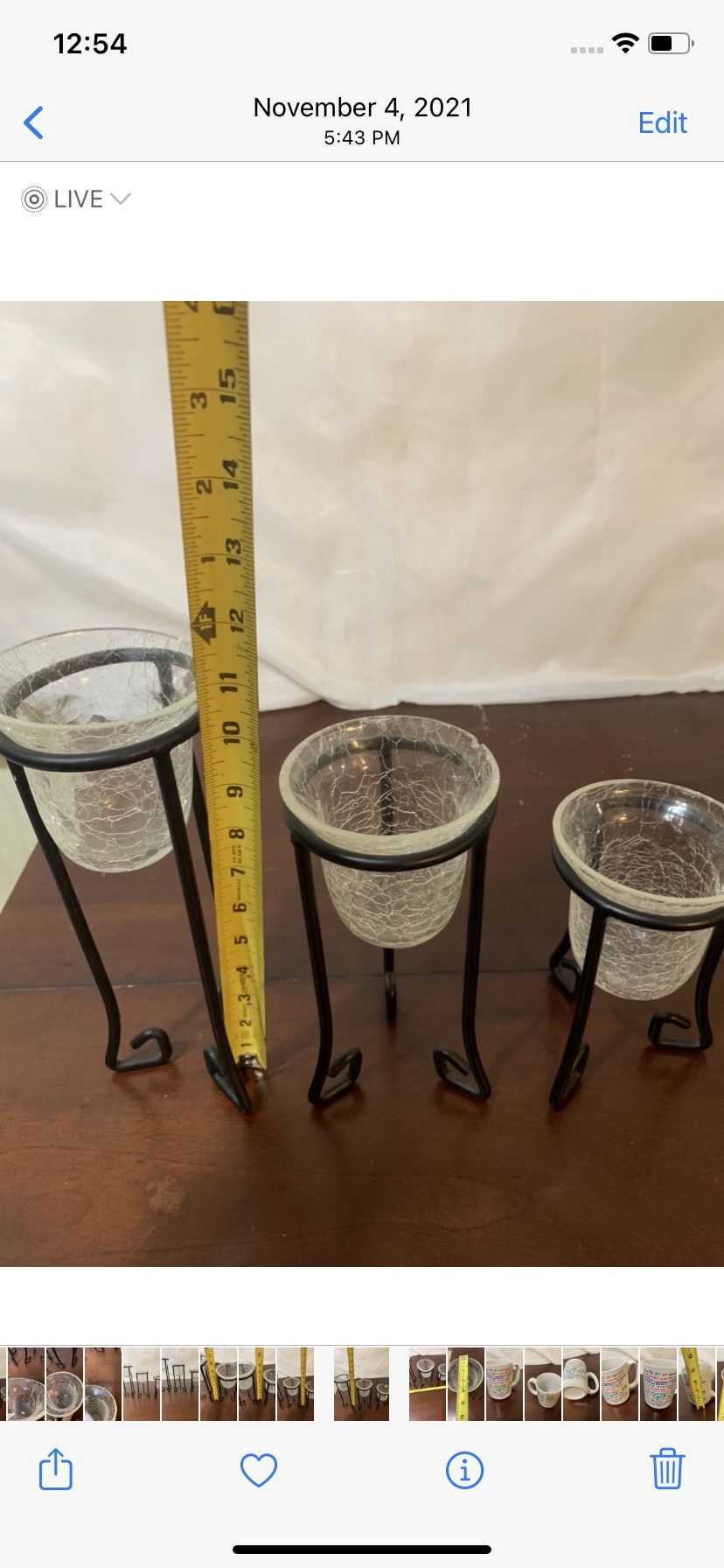 3 Vintage Black Metal Stands Decorative Glass Candle Holders 11.5” 9.5” 7.5”tall