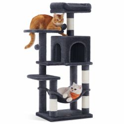 Cat Tree, 44.1-Inch Cat Tower, Multi-Level Condo, Smoky Gray with 4 Sisal Scratching Posts, 2 Perches, Cave, Hammock, 2 Pompoms for Indoor Cats, Easy 