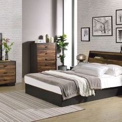 Brand New 4PC Queen Walnut/Black Bedroom Set with Under Storage