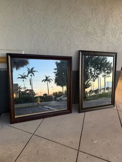 Set of Two Dark Wood Framed Wall Mirrors