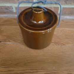 Vintage Glazed Brown Pottery Canister with Metal Clasp Lid