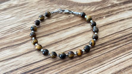 Tiger Eye 8mm Beaded Bracelet with Interior Chain and Stainless Steel Clasp