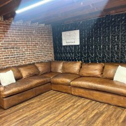 Delivery Available RH brown leather 3pc sectional sofa couch