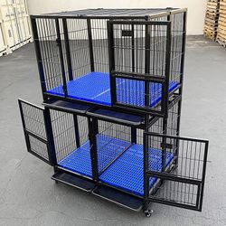 (Brand New) $370 Stacking Dog Cage (Set of 2) Heavy Duty 41x31x65” Crate Kennel w/ Plastic Tray, Wheels