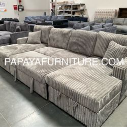New! 120” Large Sectional Couch, Plush Corduroy Sectional Sofa Bed, Sleeper Sofa, Sofabed,couch, Sectional With Storage Chaise, Grey Couch,Large Couch