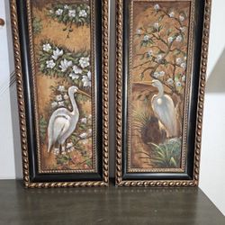 Set Of Two Vintage Framed Oil Paintings On Canvas Of White Cranes