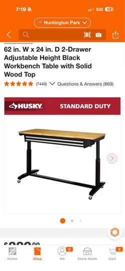 Husky. 62 in. W × 24 in. D 2-Drawer Adjustable Height Black Workbench Table with Solid Wood Top
