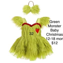 Grinch Baby Girl Dress Costume Christmas 12-18 Months
