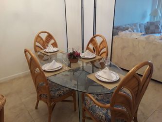 Rattan Chairs & Glass Table