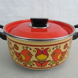 Fancipans 1970's Enamel Steel Cookware Floral & Birds Large Pot Unused


