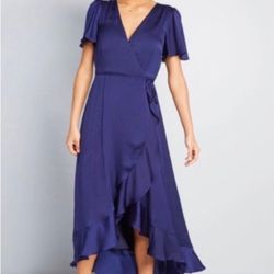 Women’s Nicole Miller Navy Blue Satin Wrap Dress High Low Cap Sleeve Size Large