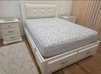 White Queen Bed Frame with Storage Drawers