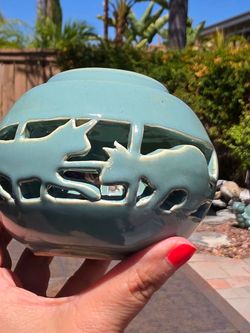 Vintage Cut-Out Ceramic Cat Bowl / Teal Glazed Pottery Candle Holder & Planter
