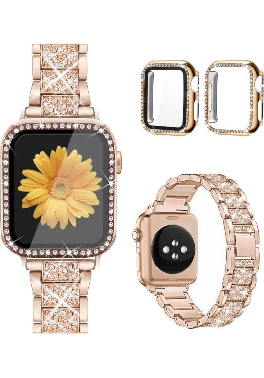 Mesime Compatible for Apple Watch Band with Screen Protector Case, Jewelry Replacement Bands 46mm 45mm 44mm 42mm 41mm 40 mm 38mm 2 Pack Protective Cov