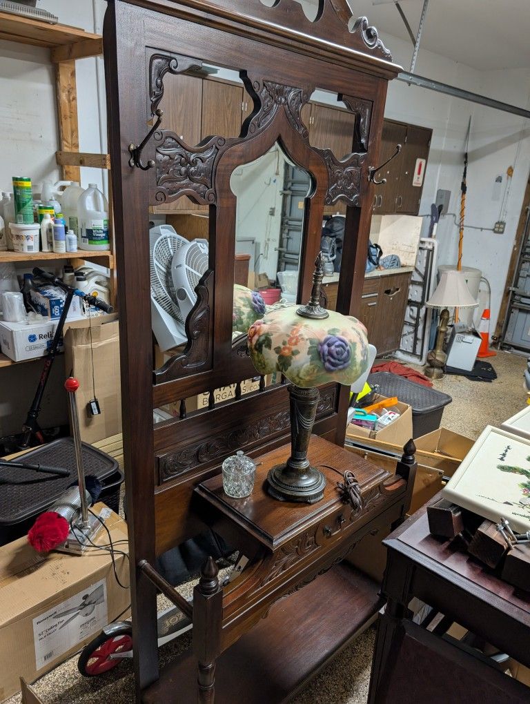Antique Hall Tree / Entry Bench With Coat Rack. Solid Wood Hallway Console With Mirror.