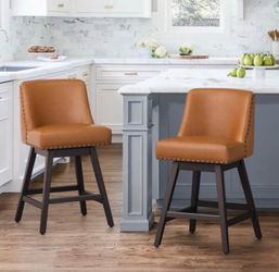 26 in. Solid Wood Brown Swivel Bar Stools with Back Faux Leather Upholstered Counter Bar stool Set of 2