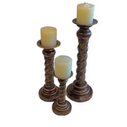 🆕 Exotic Carved Pillar Candle Holders - Set of 3 🕯️