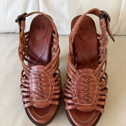 FRYE Joy Huarache Caged Brown Woven Sling Leather Designer Platform Heels