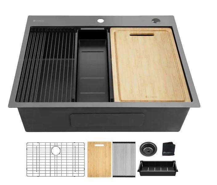 Glacier Bay Gunmetal Black Stainless Steel 27 in. 18 Gauge Single Bowl Dual Mount Workstation Kitchen