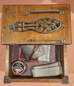 Vintage Wooden Shoe Shine Box with Cast Iron Footrest