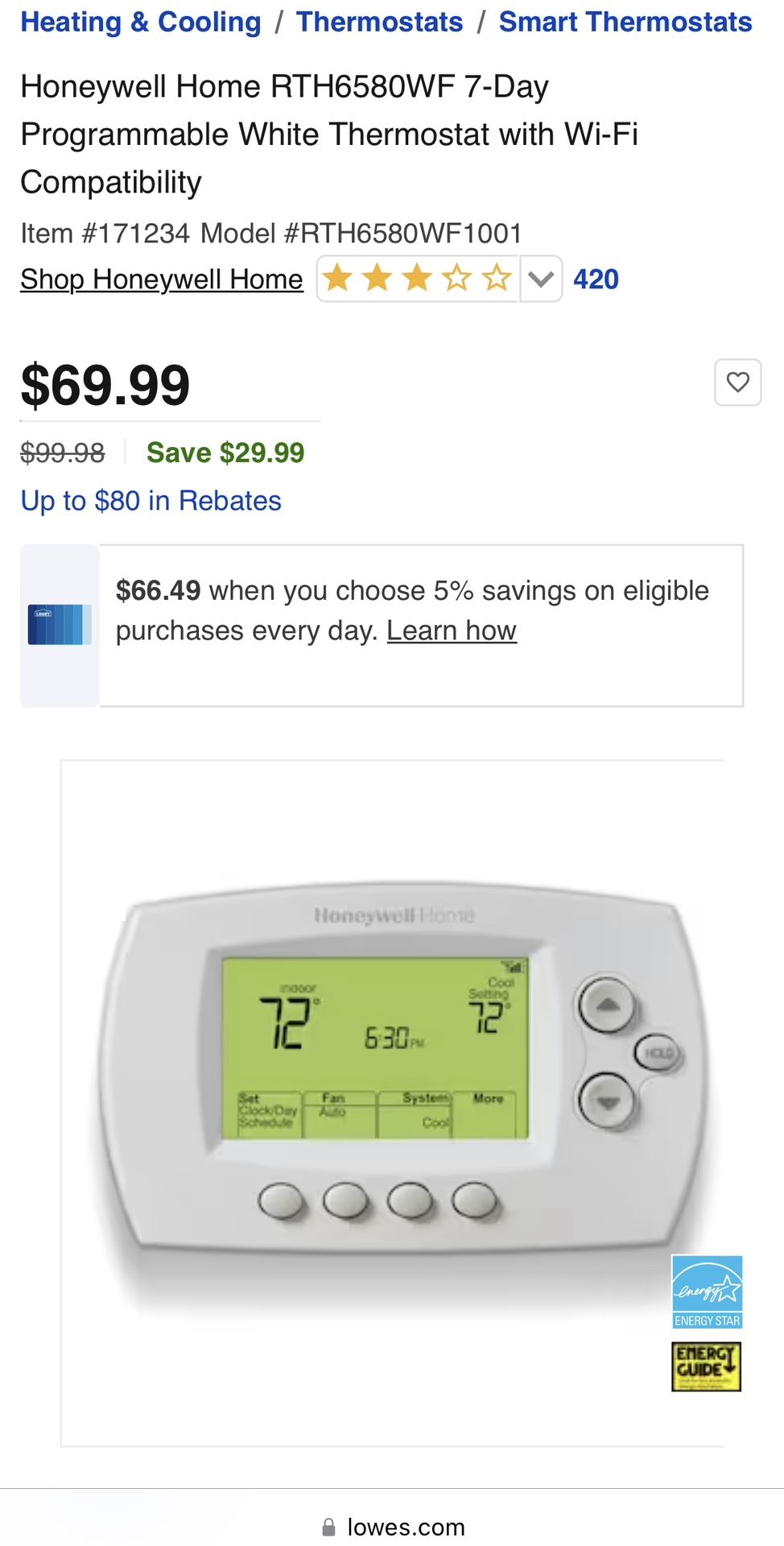 Honeywell Home RTH6580WF 7-Day Programmable White Thermostat with Wi-Fi Compatibility