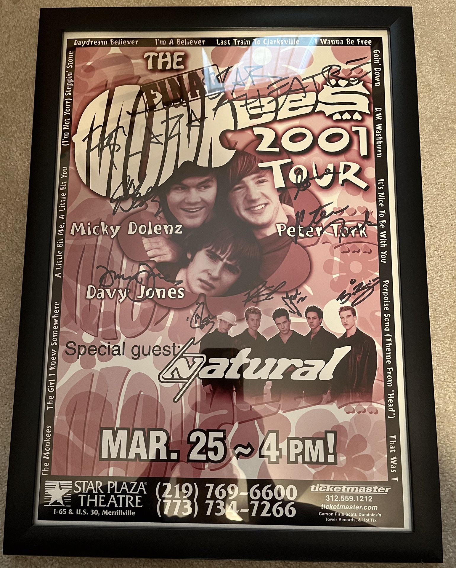 THE MONKEES CONCERT AUTOGRAPHED TOUR POSTER MINT CONDITION 21 X 15