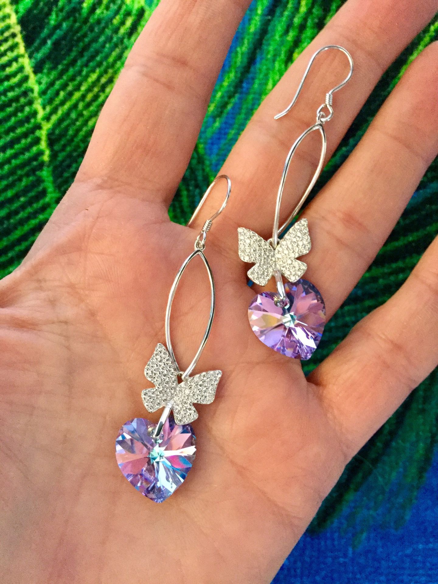 Lovely Sterling silver CZ butterfly with Amethyst Crystal Hearts long earrings / NEW 💛💜💛