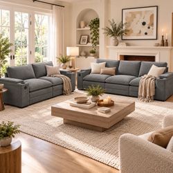2-Pc Living Room Set:  114" Dark Gray Chenille Sectional Sofa  & 81” Loveseat w/ Storage Armrests w/ Cupholders / USB Port [NEW]  [Assembly Req]