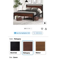 Queen Size Metal Platform Bed Frame with Wooden Headboard and Footboard, Mattress Foundation, No Box Spring Needed, Large Under Bed Storage, Non-Slip 