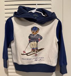 Polo Ralph Lauren Boys Ski Bear Colorblock Fleece Hoodie Navy Cream Size 2 / 2T
