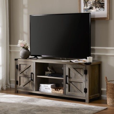 FITUEYES Farmhouse Barn Door Wood TV Stands for 70" Flat Screen, Media Console Storage Cabinet, Rustic Gray Wash Entertainment Center for Home Living