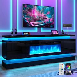 71" Fireplace TV Stand with 40" Fireplace, LED Lights & Power Outlet for 85/80/75 Inch TV, Modern Gaming Entertainment Center with High Gloss Cabinet,