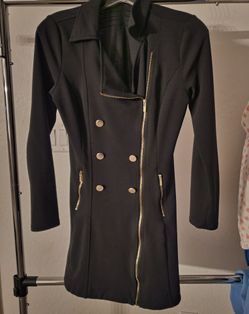 Timing Black Double Breasted Trench Coat with Gold Accents