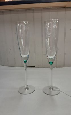 Champagne Glasses w/ Controlled Teardrop Teal Blue Bubble Hand Blown- Located in Shelton