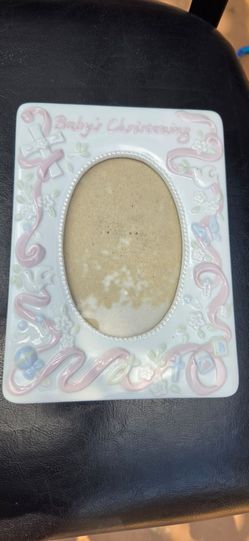 vintage Russ Berrie white ceramic "Baby's Christening" photo frame,