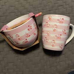 hello kitty bowl with chop sticks and matching cup