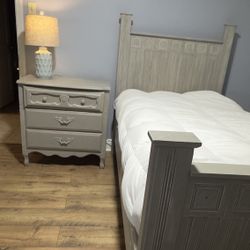 Twin bed - Nightstand - Mattress - Foam topper - Comforter + more