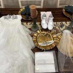 Worn Once Boutique Trish Scully First Communion Flower Girl Dress With Jeweled Sash Size 8 And Matching Accessories 