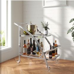 Brand New In The Box- Bar Cart, 2-Tier Chrome & Glass Serving Cart with Wheels, Modern Home Bar Serving Cart for Kitchen, Living Room, Dining Room wit