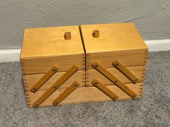vintage cantilever (accordion-style) wooden sewing box