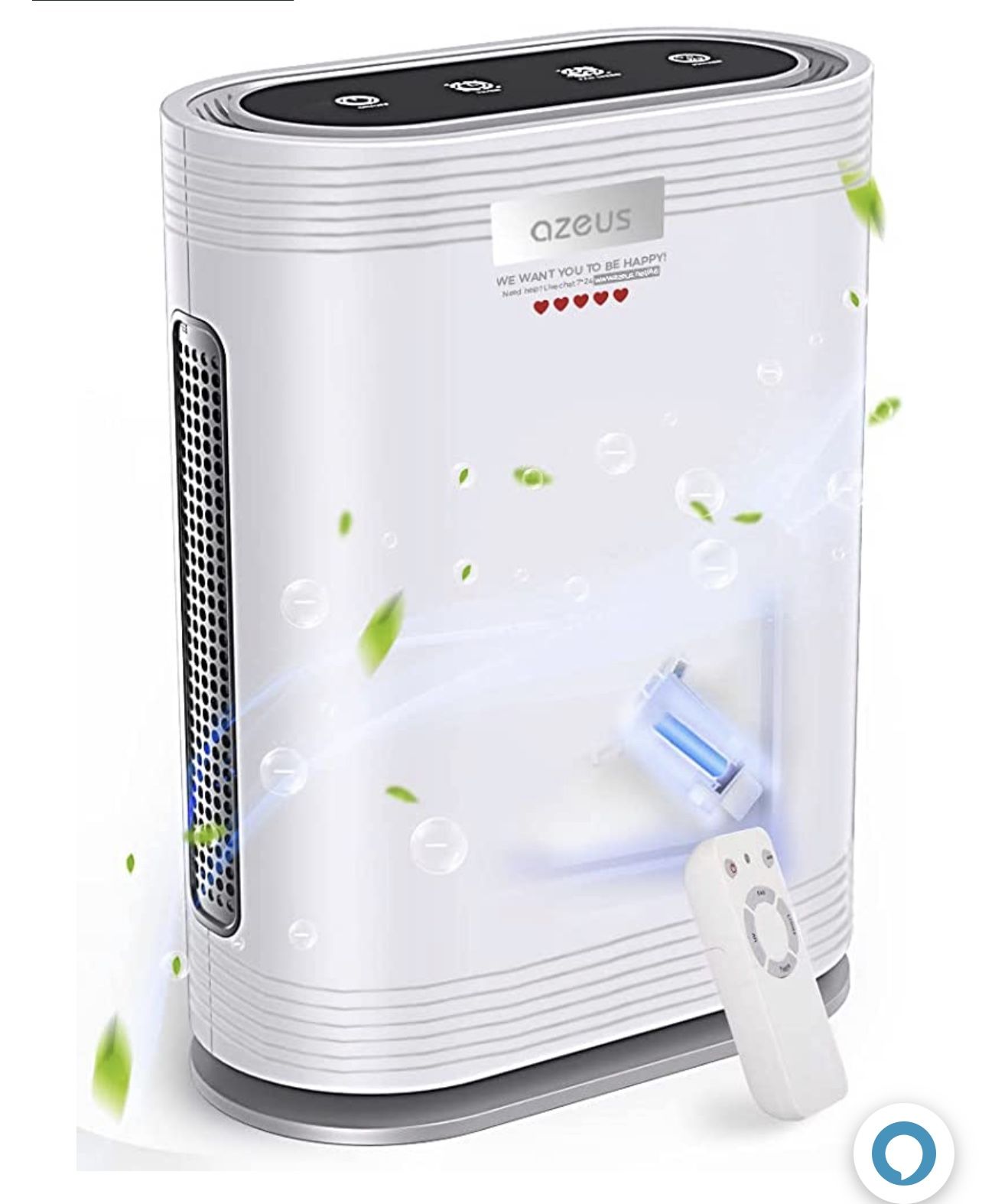 AZEUS True HEPA Air Purifier for Home, up to 1080 sq ft Large Room, UV light | Ionic Generator | Office or Commercial Space | Filter 99.97% Pollen, Sm