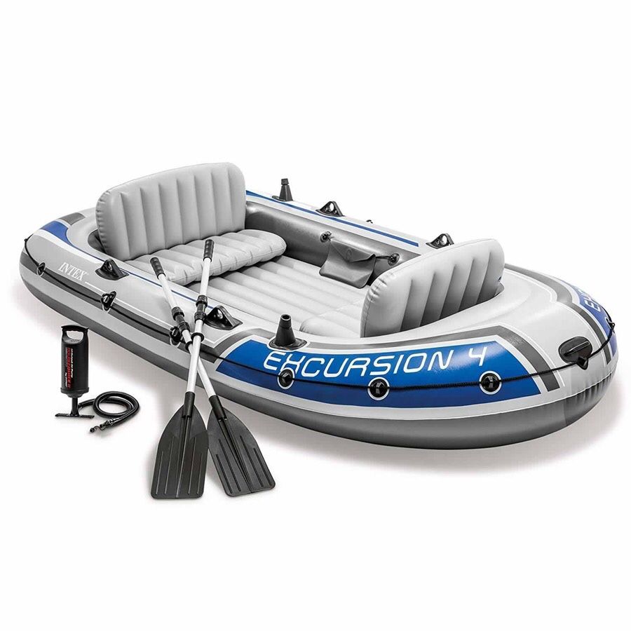 BRAND NEW Intex Excursion 4, 4-Person Inflatable Boat Set with Aluminum Oars & High Output Air Pump