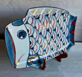 Large Japanese Seto Ware Carp Streamer Decorative Plate