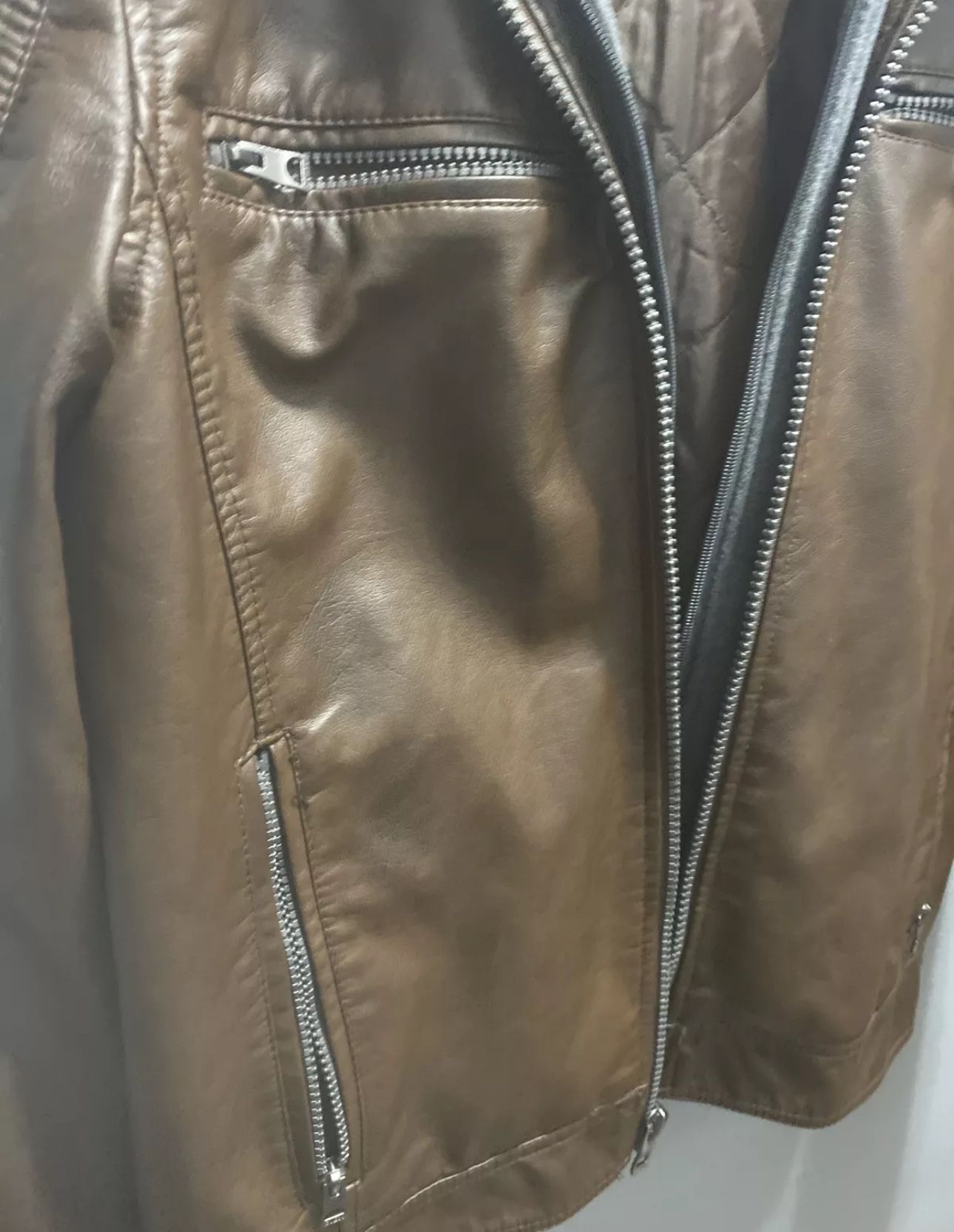 Guess Brown Faux Leather jacket with Gray detachable hood -LARGE