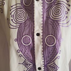 Luc Matton African Shirt--White With Purple Design. 