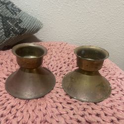 Vintage International Silver Co Real brutalist Brass Short Candle Holder Made In India 4”  Some wear due to Age pictured. Set of 2