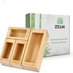 Zzen Bamboo Bag Storage Organizer - Bamboo Food Plastic Baggie Holder, Dispenser and Container for Kitchen Drawer and Cabinet - Fits Ziplock and Ziplo