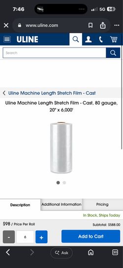 New Uline Machine Length Stretch Film 20” x 6000’