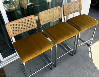 RATTAN COUNTER STOOLS SET OF 2 - STAINLESS STEEL LEGS & YELLOW VELVET